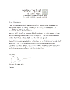 Thumbnail image of reference letter from Valley Medical & Wellness for cost segregation services.